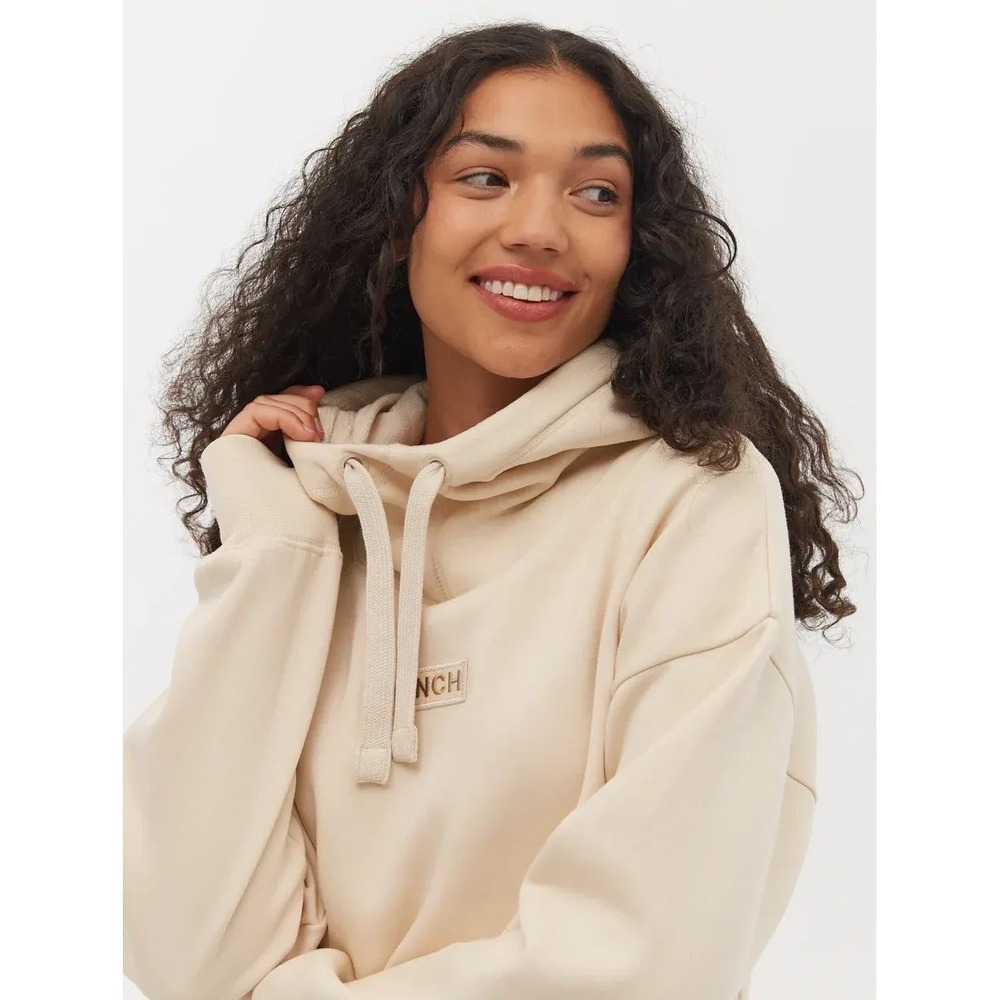 Bench Womens M Cream Cropped Pullover Hoodie Sweatshirt Embroidered Logo